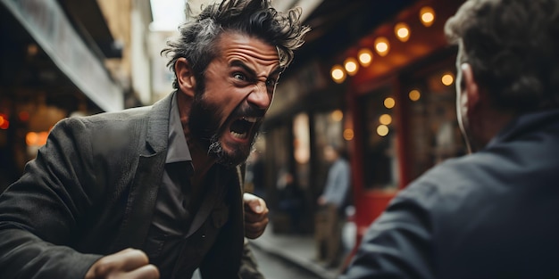 Un uomo in una rissa di strada riceve un pugno in faccia concetto confrontamento violento alterco fisico comportamento aggressivo selfdefense alterco di strada