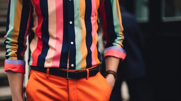 A man in a striped shirt with orange pants and a striped shirt.