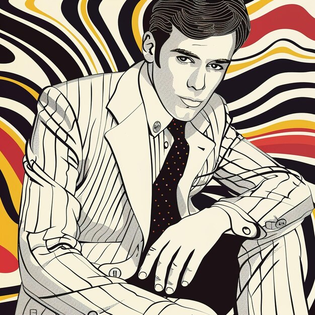 a man in a striped suit sits in front of a colorful background