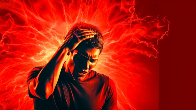 Photo man struggling with headache in dramatic red lighting