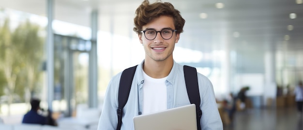 man student wearing backpack glasses holding books and tablet in university Generative AI