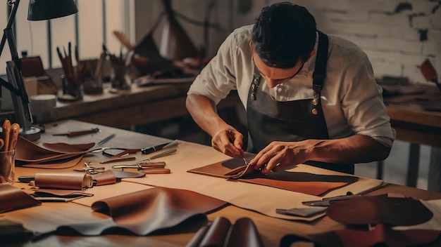 Man in a studio creates leather ware