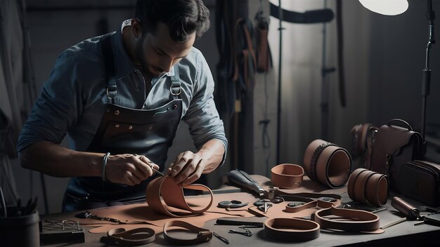 Мужчина в студии создает кожаные изделия