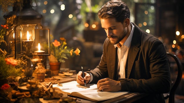 A man studying reading and writing at a desk indoors