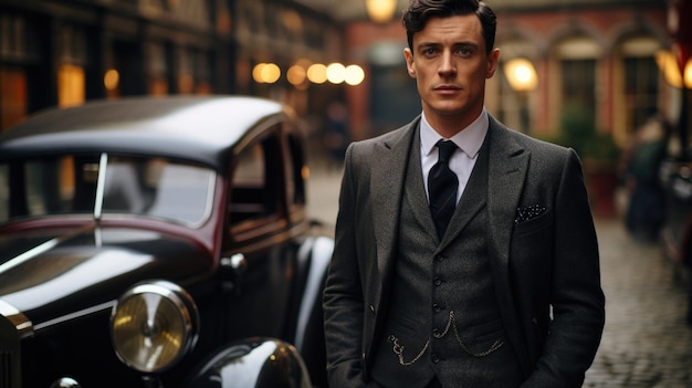 Man in stylish retro oldfashioned Peaky Blinders gang style suit