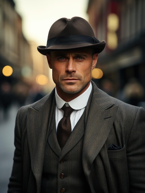 Man in stylish retro oldfashioned Peaky Blinders gang style suit