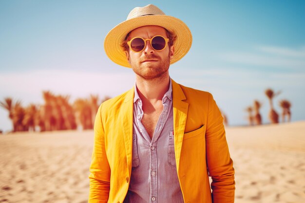 Man in stylish yellow suit in summer