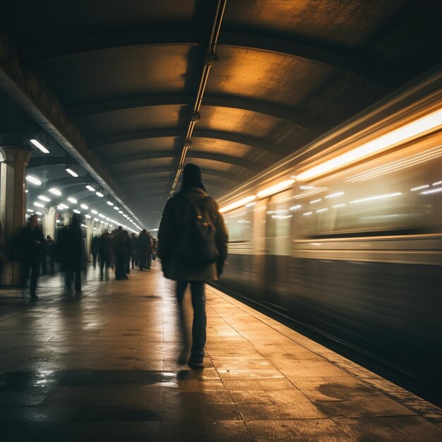 Man in a subway station with blurred train in the background