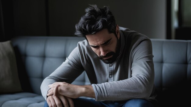 Photo man suffering from depression sitting on sofa in pajamas