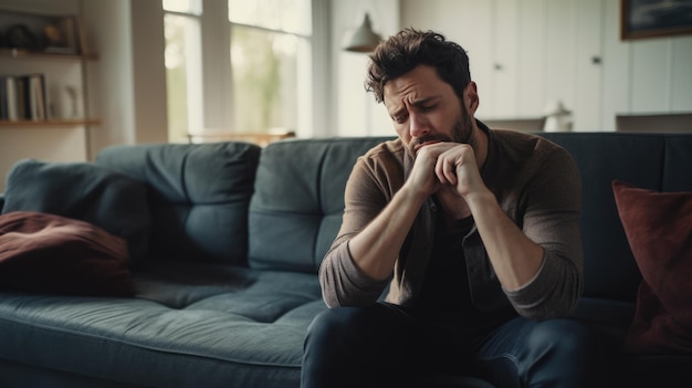 Man Suffering From Depression Sitting On Sofa In Pajamas