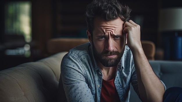 Man Suffering From Depression Sitting On Sofa In Pajamas