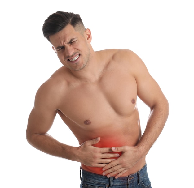 Photo man suffering from liver pain on white background