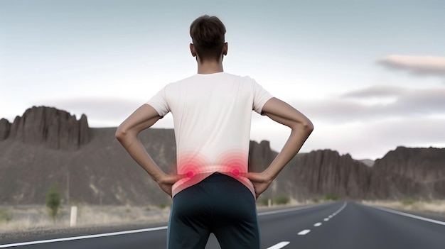 Man suffering from low back pain while doing walking exercise AI generated