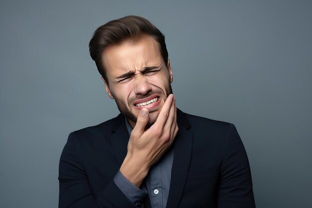 A man suffering from a terrible severe toothache touches his cheek with his hand