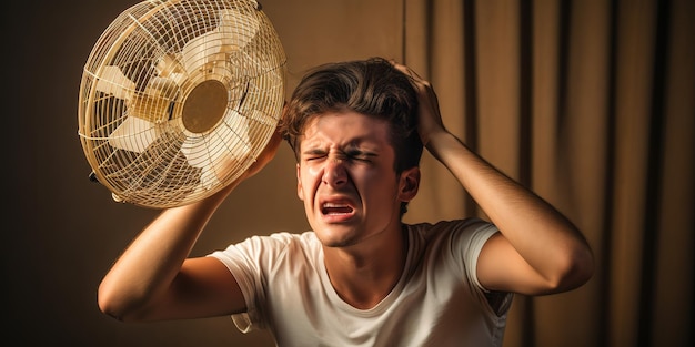 写真 自宅で夏の暑さに悩む男性