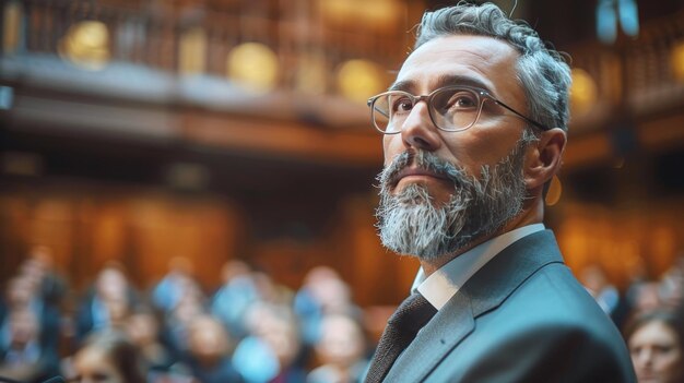 Photo man in suit addressing audience