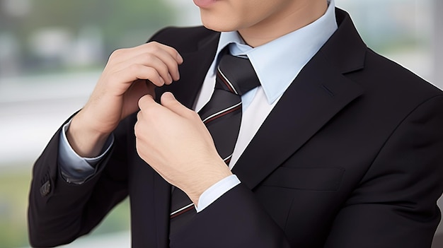 A man in a suit adjusts his tie.