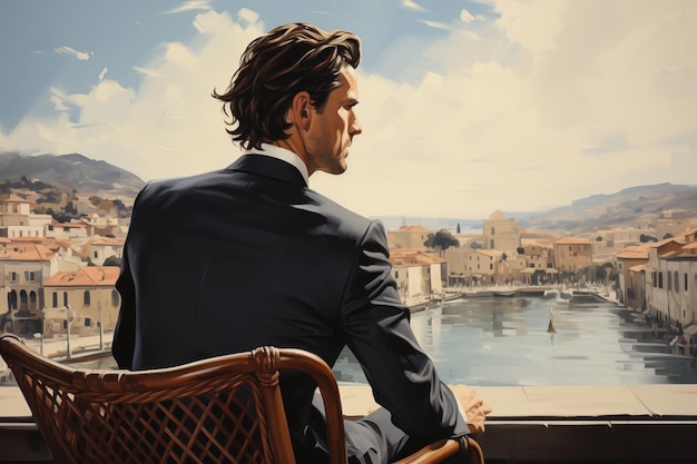 Foto un uomo in abito ammira la vista del porto, gli yacht e il paesaggio cittadino bagnato da toni caldi.