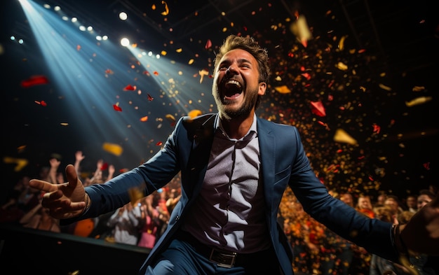 A man in a suit and bow tie addressing a large audience A man in a suit and bow tie standing in front of a crowd of people