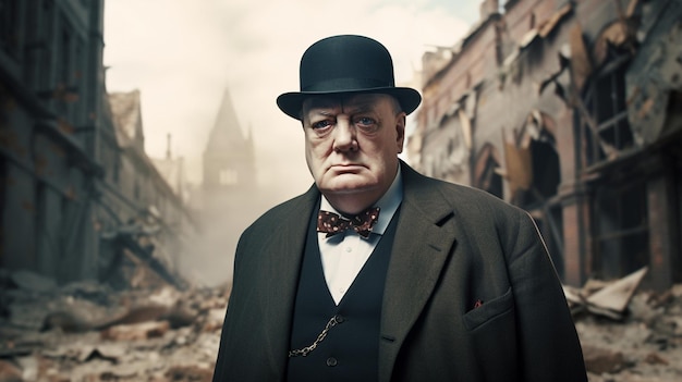 a man in a suit and bow tie stands in front of a destroyed building.