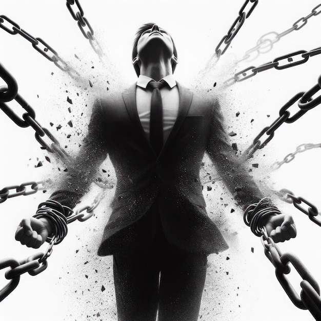 A man in a suit breaking chains