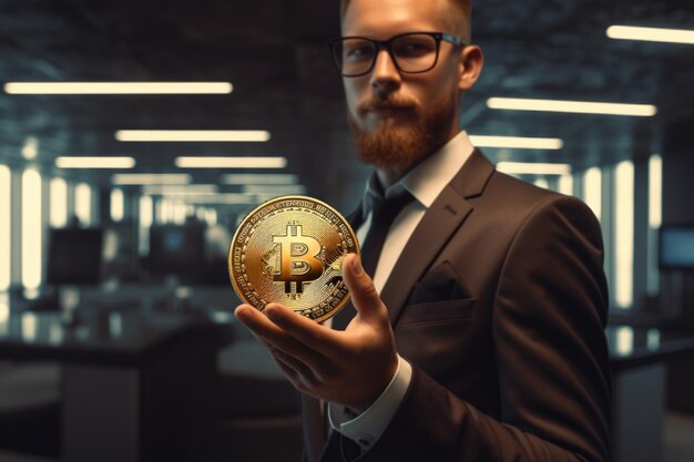 Мужчина в костюме уверенно держит биткойн Это изображение может быть использовано для представления криптовалютных финансовых инвестиций или концепций цифровой валюты