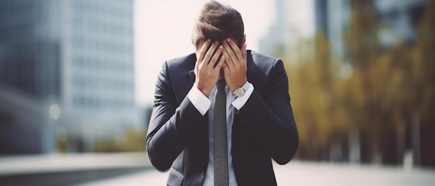 Photo a man in a suit covers his face with his hands