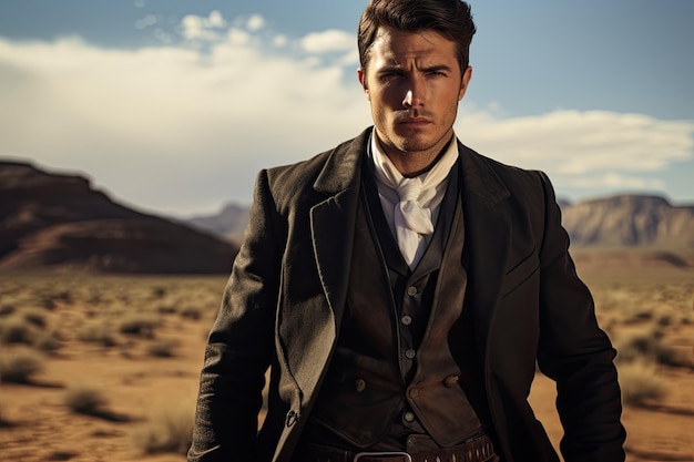 A man in a suit in a desert