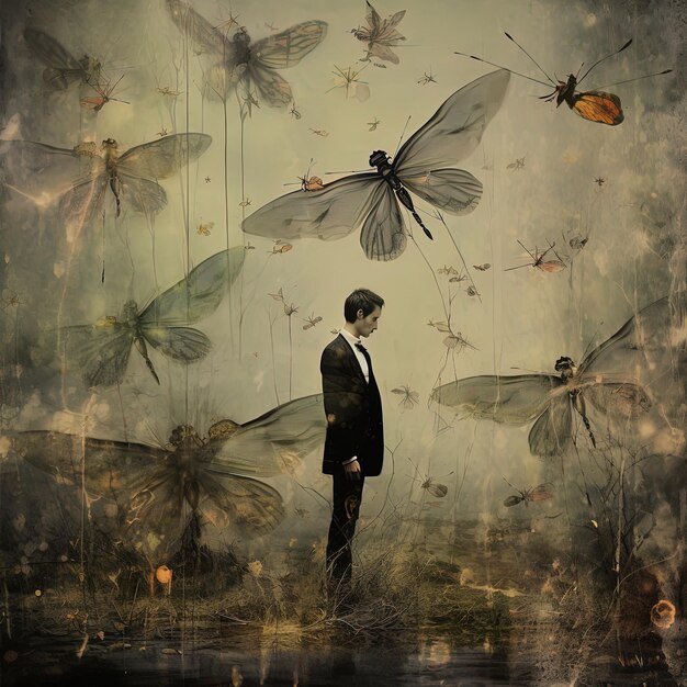 Photo a man in a suit and a dragonfly is standing in a field