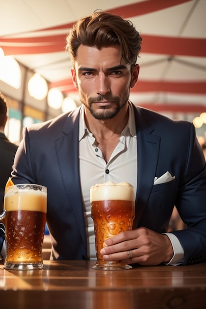 최고의 옥토버페스트 파티에서 맥주를 많이 마시는 양복 입은 남자 4