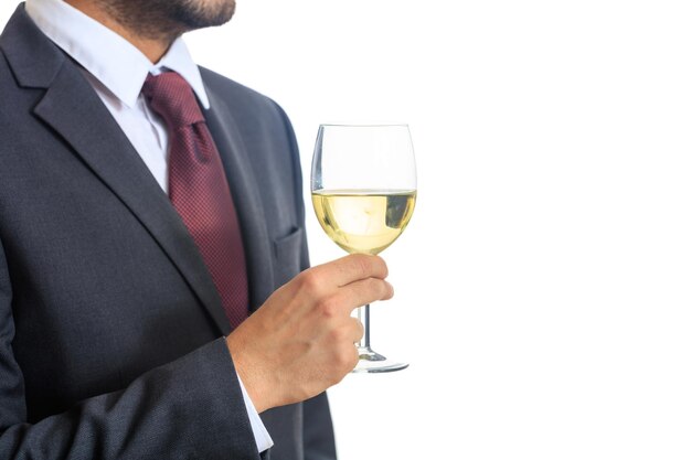 Photo man in suit drinking white wine