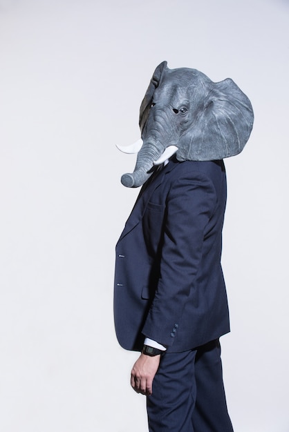 A man in a suit and an elephant mask on a light background. Conceptual business background