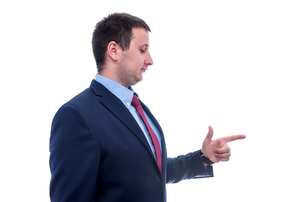 Man in suit gesturing isolated on white