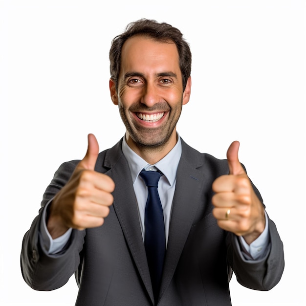 A man in a suit giving a thumbs up sign.