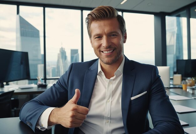 Photo a man in a suit giving a thumbs up with the city behind him