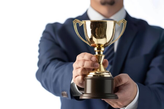 Man in suit giving trophy Isolated on white background