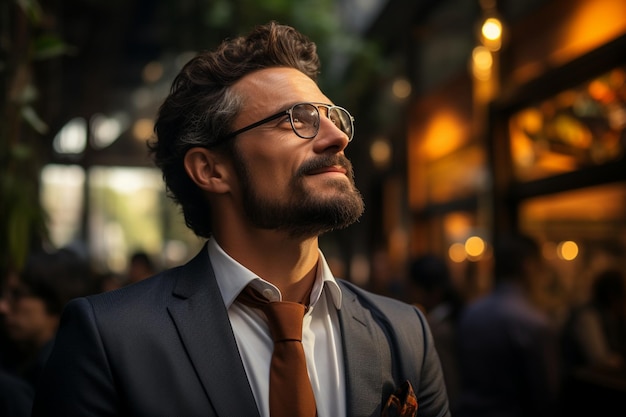 A man in a suit and glasses is standing in a crowd of people.