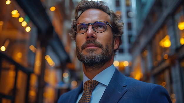 Photo a man in a suit and glasses is standing in a street