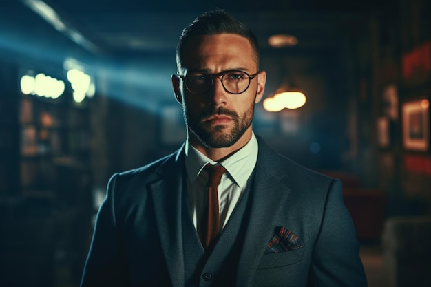 A man in a suit and glasses looks at the camera