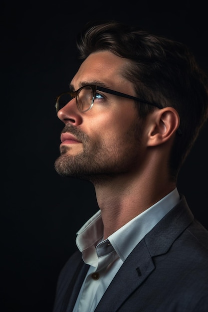 a man in a suit and glasses looks at the camera.