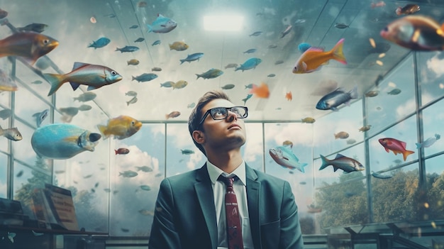 A man in a suit and glasses looks at a fish tank.