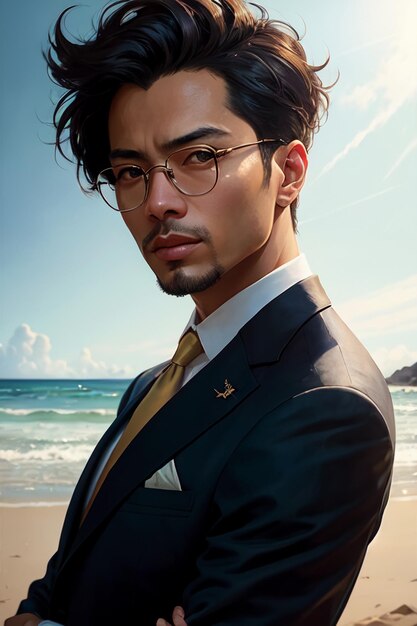 A man in a suit and glasses stands on a beach