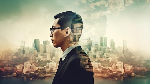 A man in a suit and glasses stands in front of a cityscape.