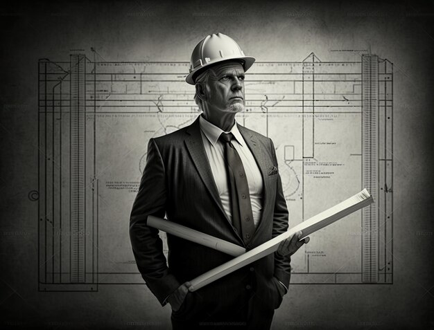 A man in a suit and hard hat holding a large piece of wood Generative AI