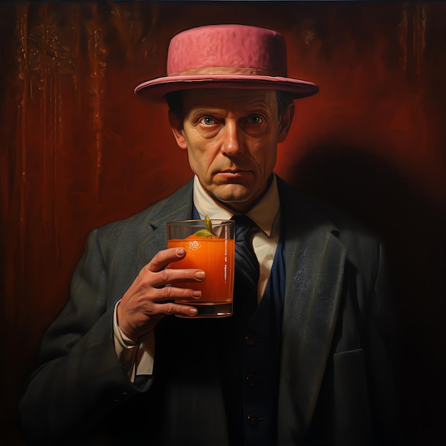 Photo a man in a suit and hat holding a drink