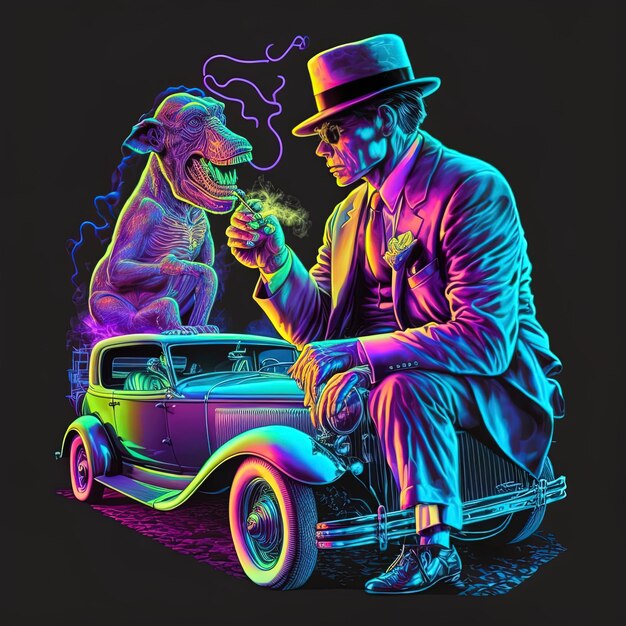 Foto un uomo in abito e cappello è seduto accanto a un cane e una macchina con un cane sullo sfondo