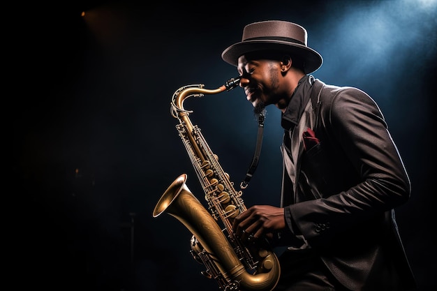 A man in a suit and hat playing a saxophone