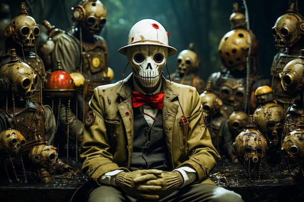 Man in suit and hat sitting in front of bunch of skulls Generative AI