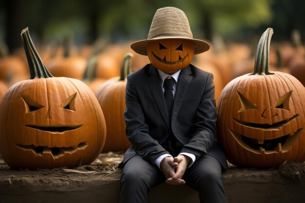 A man in a suit and hat sitting in front of pumpkins