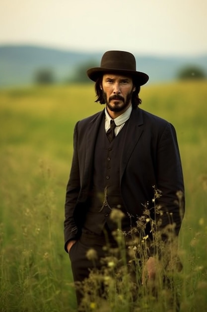 A man in a suit and hat standing in a field with mountains in the background